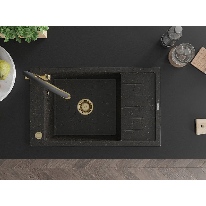 Mexen Elias granitový dřez 1-komorový s odkapávačem a kuchyňskou baterií Duo, černý/zlatý metalik - 6511-75-671701-57-G