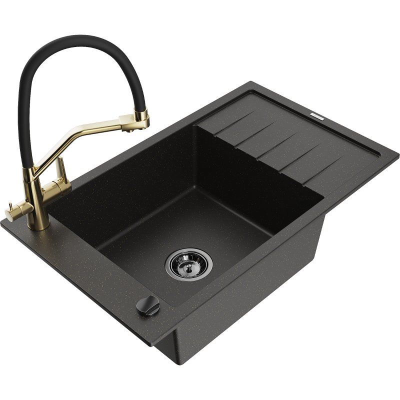 Mexen Elias granitový dřez s jednou komorou, odkapávačem a kuchyňskou baterií Duo, černý/zlatý metalík - 6511-75-671701-57-B