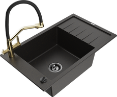 Mexen Elias granitový dřez s jednou komorou, odkapávačem a kuchyňskou baterií Duo, černý/zlatý metalík - 6511-75-671701-57-B