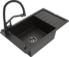 Mexen Elias granitový dřez 1-komorový s odkapávačem a kuchyňskou baterií Duo, černý/zlatý metalik - 6511-75-671701-70-B