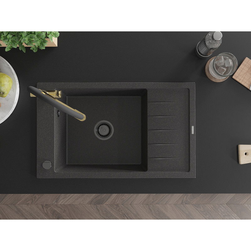 Mexen Elias dřez granitový 1-komorový s odkapávačem a kuchyňskou baterií Duo, černý skvrnitý - 6511-76-671701-57-B