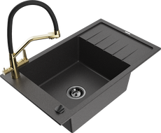Mexen Elias dřez granitový 1-komorový s odkapávačem a kuchyňskou baterií Duo, černý skvrnitý - 6511-76-671701-57-B