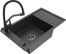 Mexen Elias granitový dřez jednodřez s odkapávačem a kuchyňskou baterií Duo, černý žíhaný - 6511-76-671701-70-B
