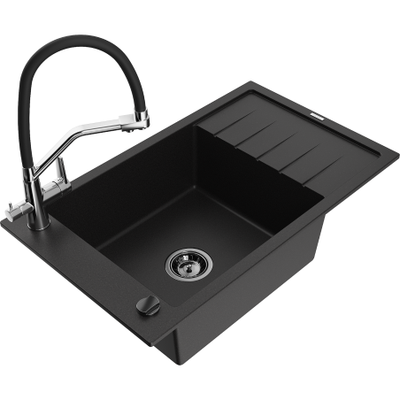 Mexen Elias granitový dřez 1-komorový s odkapávačem a kuchyňskou baterií Duo, černý - 6511-77-671701-07-B