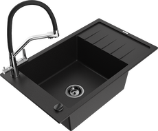 Mexen Elias granitový dřez 1-komorový s odkapávačem a kuchyňskou baterií Duo, černý - 6511-77-671701-07-B