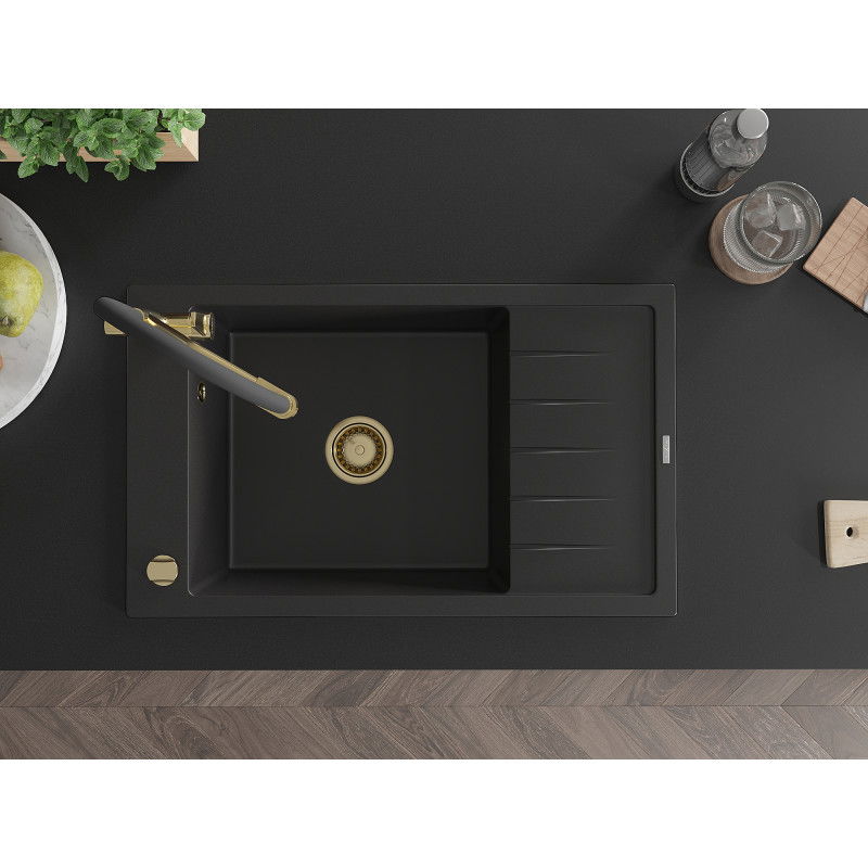 Mexen Elias granitový dřez s jednou komorou a odkapávačem a kuchyňskou baterií Duo, černý - 6511-77-671701-57-G