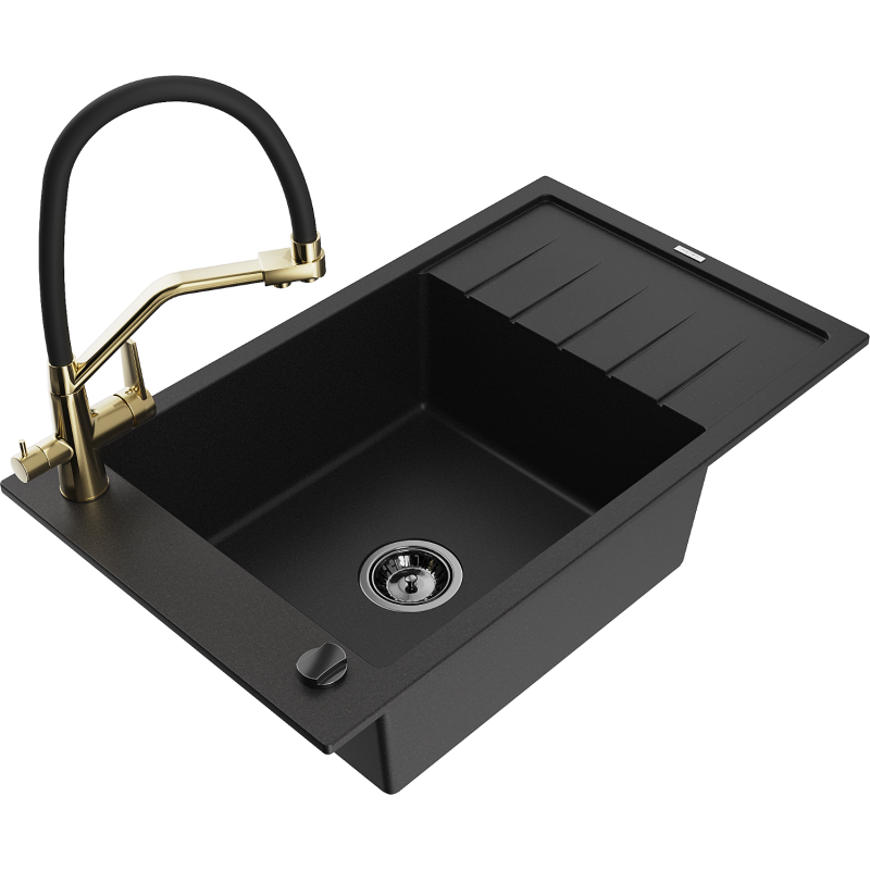 Mexen Elias granitový dřez 1-komorový s odkapávačem a kuchyňskou baterií Duo, černý - 6511-77-671701-57-B