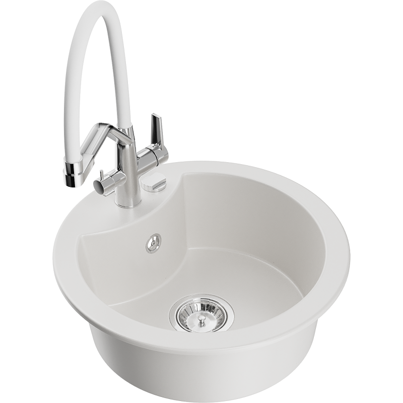 Mexen Diego granitový dřez 1-komorový s kuchyňskou baterií Duo, bílý - 6512-20-671701-02