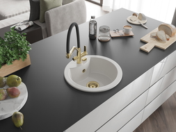 Mexen Diego granitový dřez s 1 komorou a kuchyňskou baterií Duo, bílý - 6512-20-671701-57-G