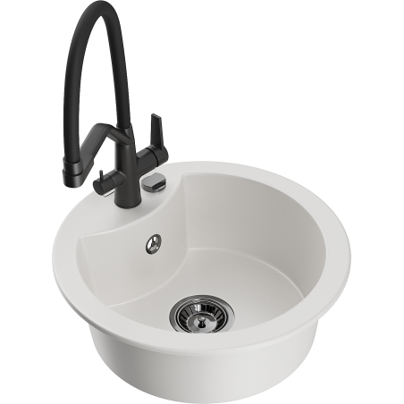 Mexen Diego granitový dřez 1-komorový s kuchyňskou baterií Duo, bílý - 6512-20-671701-70-B