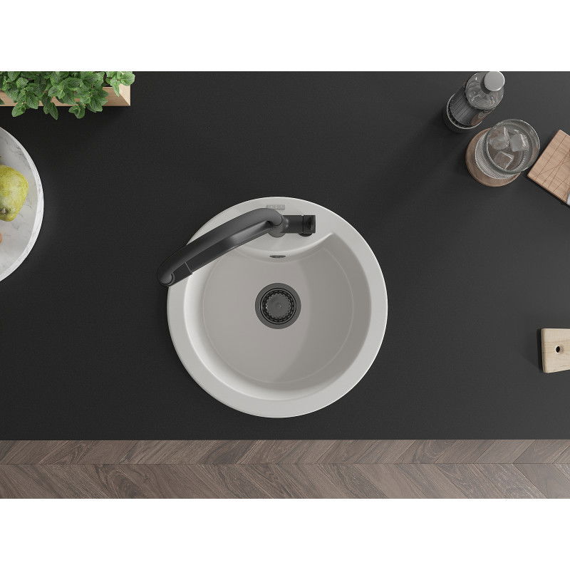 Mexen Diego granitový dřez 1-komorový s kuchyňskou baterií Duo, bílý - 6512-20-671701-70-B