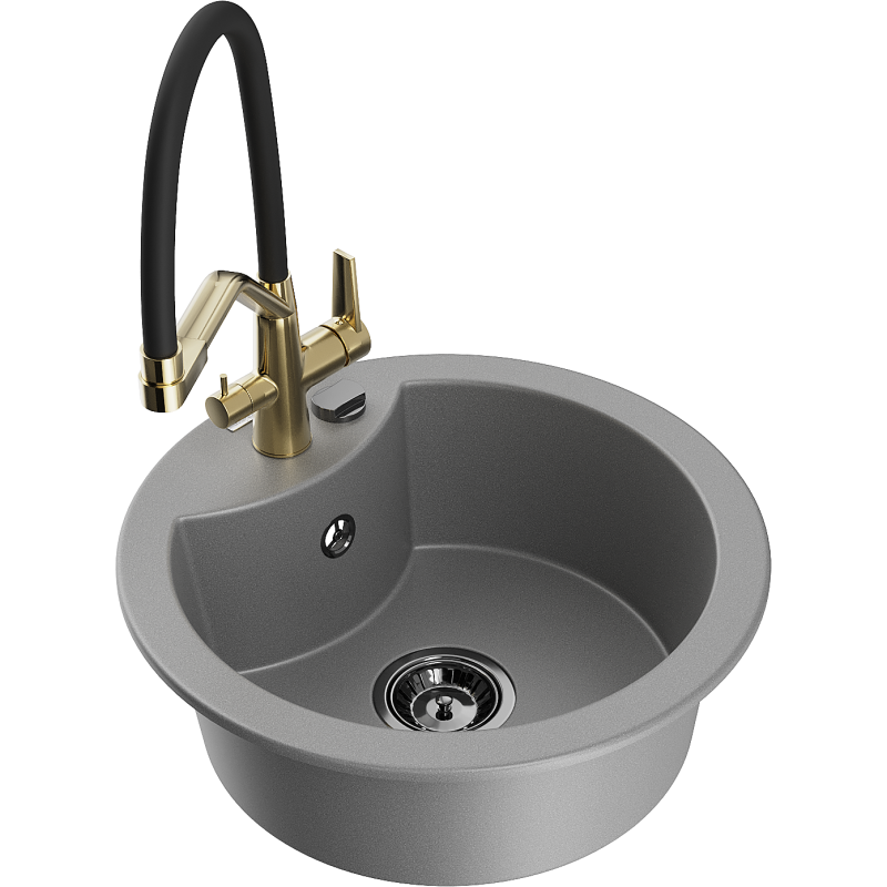 Mexen Diego granitový dřez 1-komorový s kuchyňskou baterií Duo, šedý - 6512-71-671701-57-B