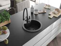 Mexen Diego granitový dřez 1-komorový s kuchyňskou baterií Duo, černý/stříbrný metalik - 6512-73-671701-70-B