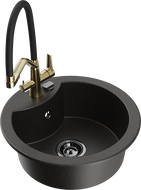 Mexen Diego granitový dřez 1-komorový s kuchyňskou baterií Duo, černý/zlatý metalik - 6512-75-671701-57-B