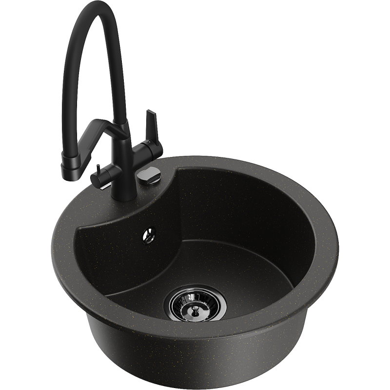 Mexen Diego granitový dřez 1-komorový s kuchyňskou baterií Duo, černý/zlatý metalik - 6512-75-671701-70-B