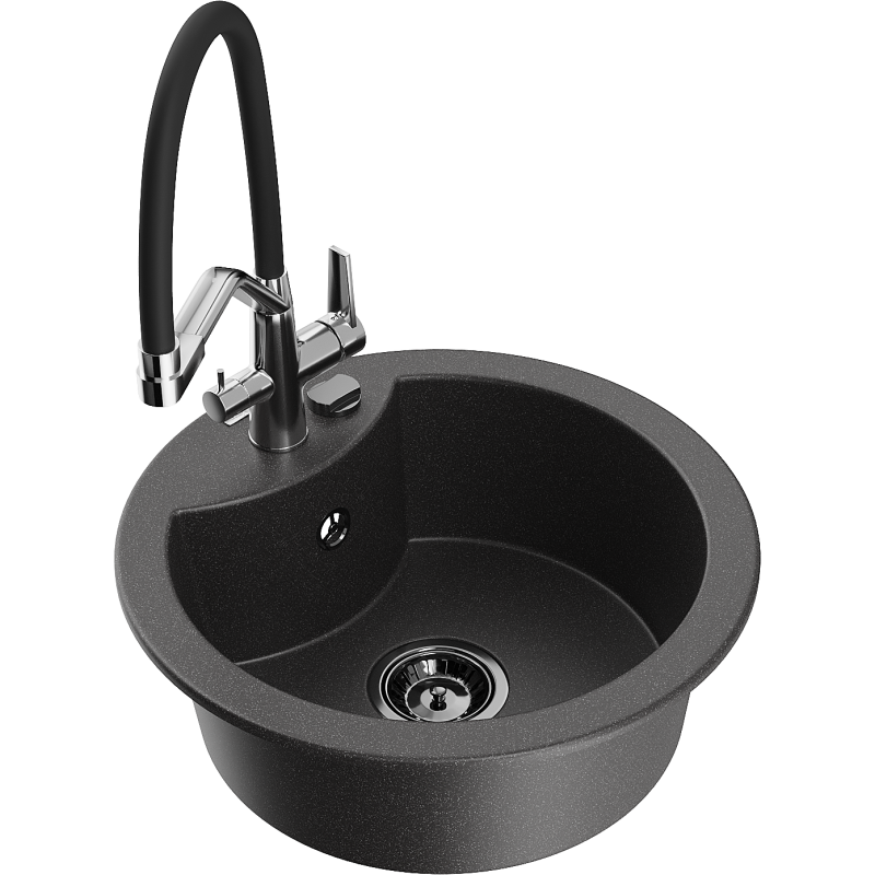 Mexen Diego granitový dřez s 1 komorou a kuchyňskou baterií Duo, černý s tečkováním - 6512-76-671701-07-B