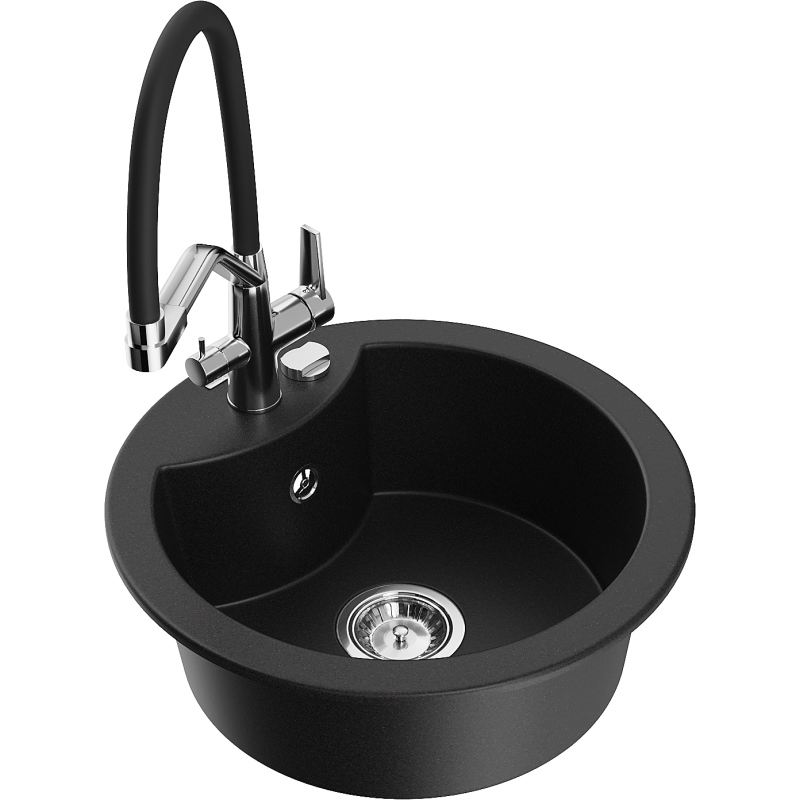 Mexen Diego granitový dřez 1-komorový s kuchyňskou baterií Duo, černý - 6512-77-671701-07