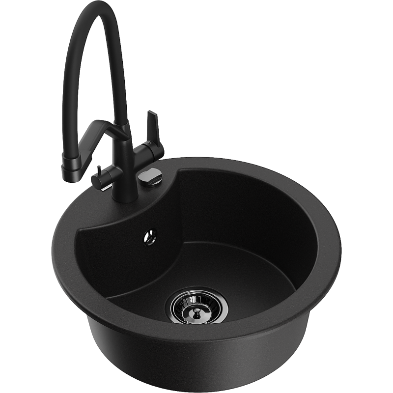 Mexen Diego granitový dřez s 1 komorou a kuchyňskou baterií Duo, černý - 6512-77-671701-70-B