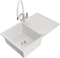 Mexen Bruno granitový dřez 1-komorový s odkapávačem a kuchyňskou baterií Duo, bílý - 6513-20-671701-02