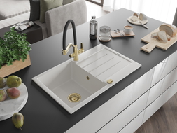 Mexen Bruno granitový dřez s 1 komorou a odkapávačem a kuchyňskou baterií Duo, bílý - 6513-20-671701-57-G
