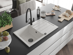 Mexen Bruno žulový dřez jednokomorový s odkapávačem a kuchyňskou baterií Duo, bílý - 6513-20-671701-70-B