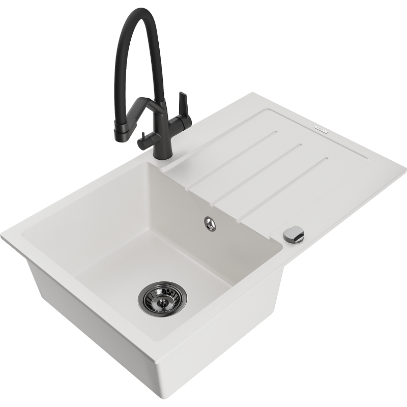 Mexen Bruno žulový dřez jednokomorový s odkapávačem a kuchyňskou baterií Duo, bílý - 6513-20-671701-70-B