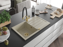 Mexen Bruno jednokomorový granitový dřez s odkapávačem a kuchyňskou baterií Duo, béžový - 6513-69-671701-57-G