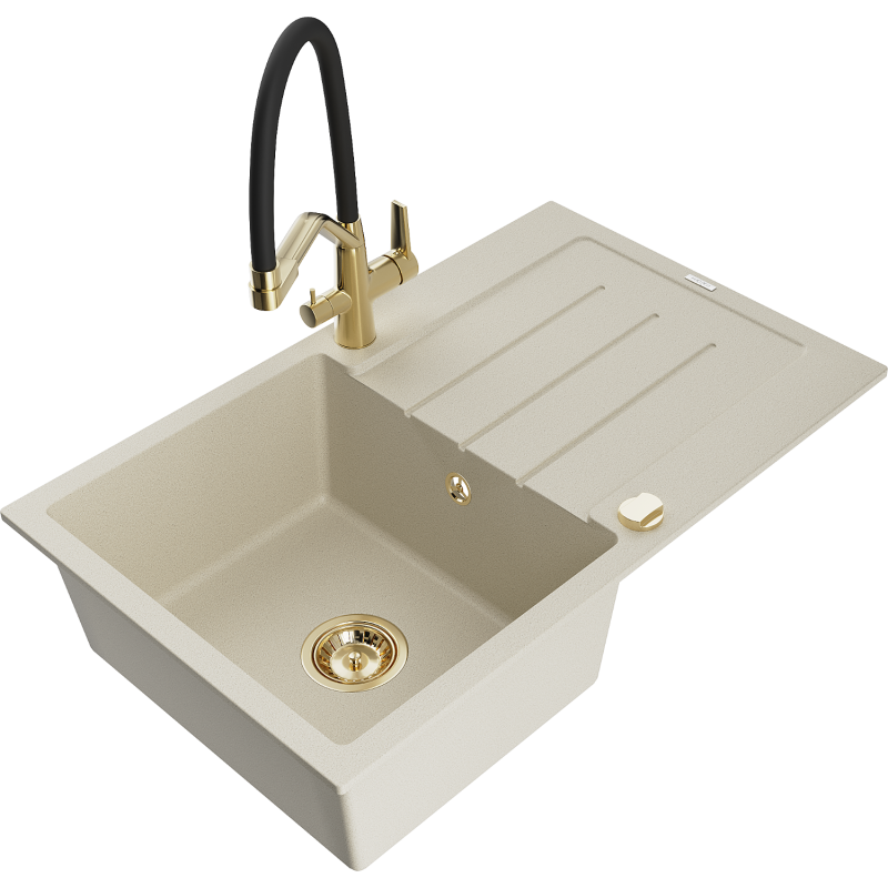 Mexen Bruno jednokomorový granitový dřez s odkapávačem a kuchyňskou baterií Duo, béžový - 6513-69-671701-57-G