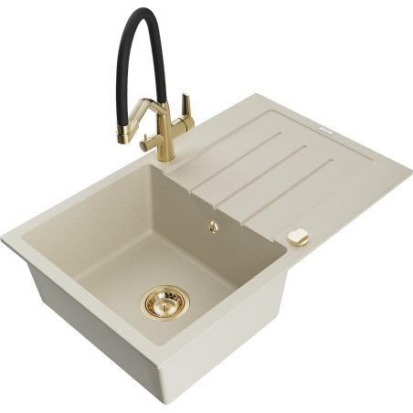 Mexen Bruno jednokomorový granitový dřez s odkapávačem a kuchyňskou baterií Duo, béžový - 6513-69-671701-57-G