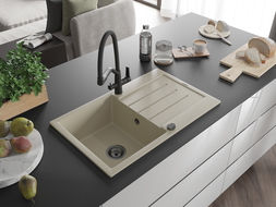 Mexen Bruno granitový dřez 1-komorový s odkapávačem a kuchyňskou baterií Duo, béžový - 6513-69-671701-70-B