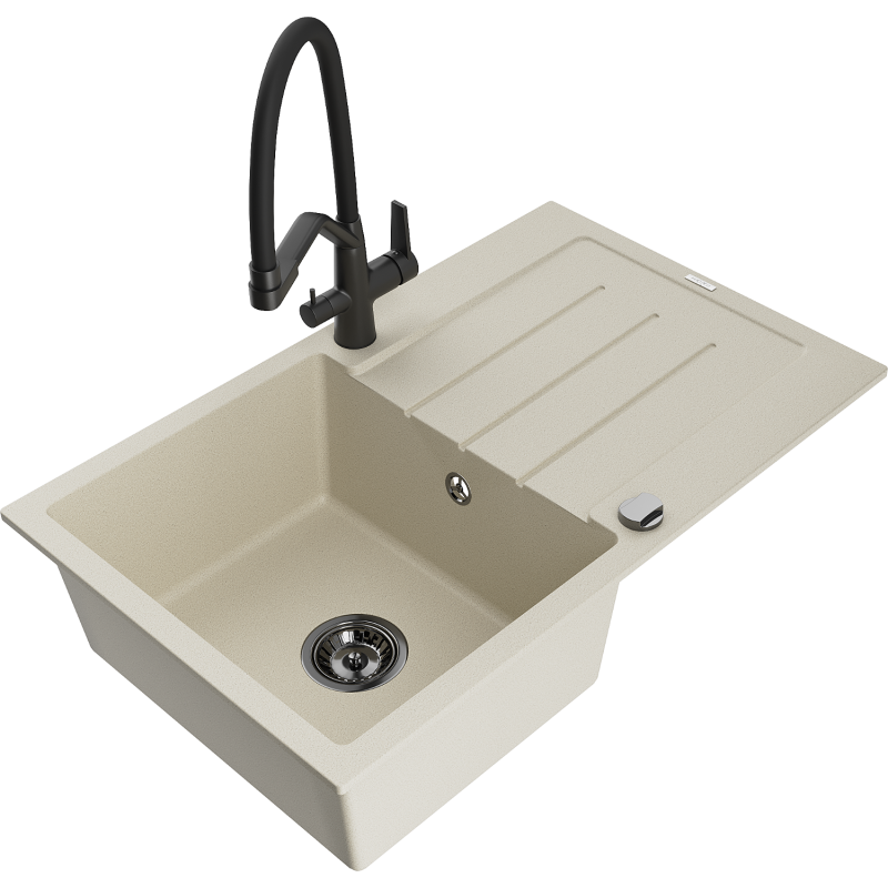 Mexen Bruno granitový dřez 1-komorový s odkapávačem a kuchyňskou baterií Duo, béžový - 6513-69-671701-70-B