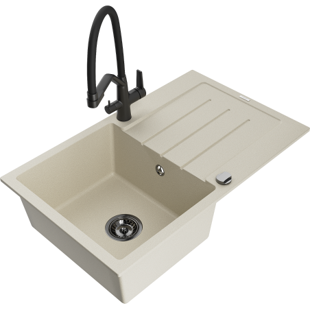 Mexen Bruno granitový dřez 1-komorový s odkapávačem a kuchyňskou baterií Duo, béžový - 6513-69-671701-70-B