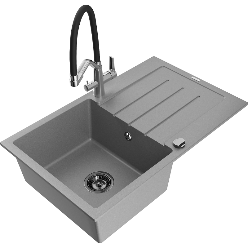 Mexen Bruno granitový dřez 1-komorový s odkapávačem a kuchyňskou baterií Duo, šedý - 6513-71-671701-07-B