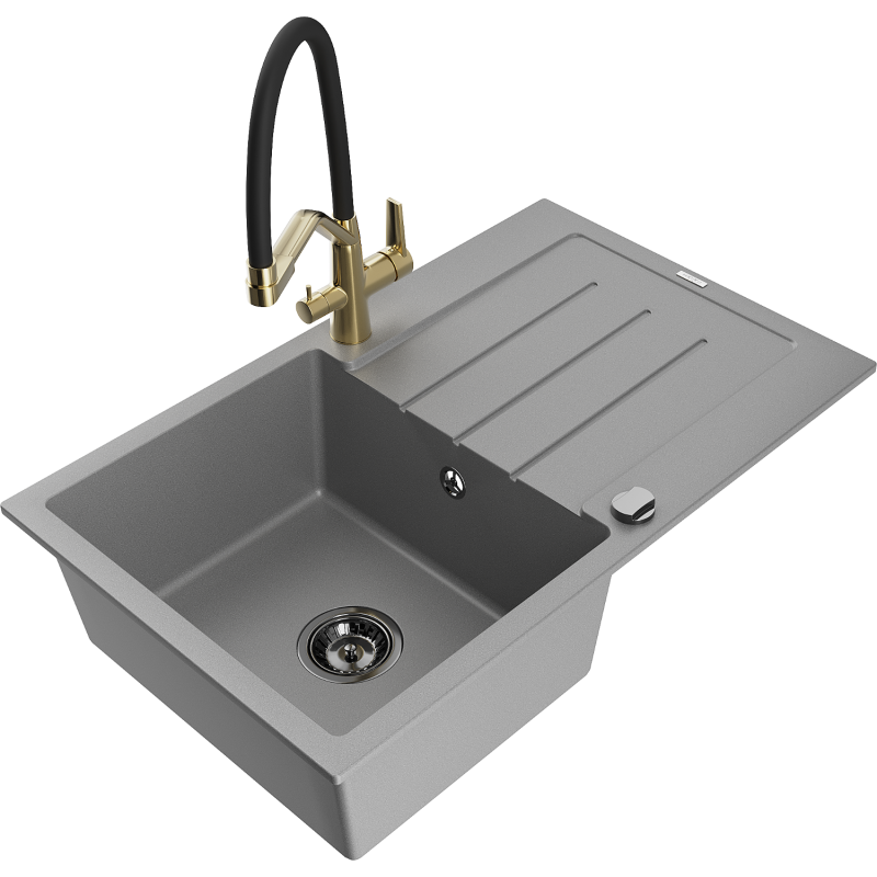 Mexen Bruno granitový dřez s 1 komorou a odkapávačem a kuchyňskou baterií Duo, šedý - 6513-71-671701-57-B