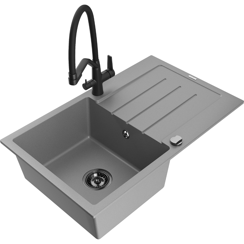 Mexen Bruno žulový kuchyňský dřez s 1 vaničkou a odkapávačem a kuchyňskou baterií Duo, šedý - 6513-71-671701-70-B