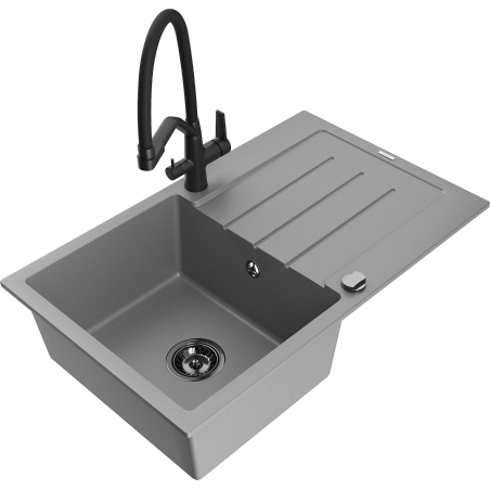 Mexen Bruno žulový kuchyňský dřez s 1 vaničkou a odkapávačem a kuchyňskou baterií Duo, šedý - 6513-71-671701-70-B