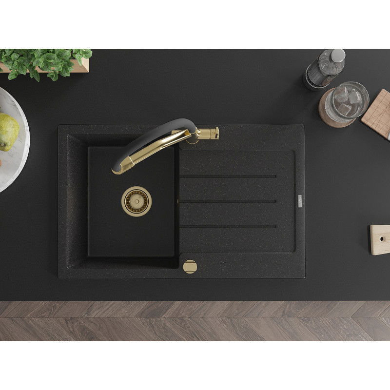 Mexen Bruno granitový dřez 1-komorový s odkapávačem a kuchyňskou baterií Duo, černý/stříbrný metalik - 6513-73-671701-57-G