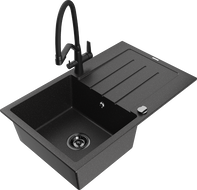 Mexen Bruno granitový dřez s odkapávačem a kuchyňskou baterií Duo, černý/stříbrný metalik - 6513-73-671701-70-B