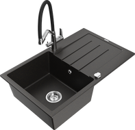 Mexen Bruno granitový dřez s odkapávačem a kuchyňskou baterií Duo, černý/zlatý metalik - 6513-75-671701-07