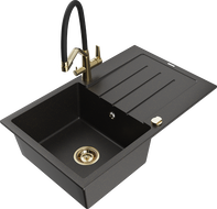 Mexen Bruno granitový jednodřez s odkapávačem a kuchyňskou baterií Duo, černý/zlatý metalik - 6513-75-671701-57-G