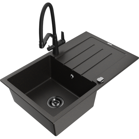 Mexen Bruno granitový dřez s 1 komorou s odkapávačem a kuchyňskou baterií Duo, černý/zlatý metalik - 6513-75-671701-70-B