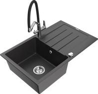 Mexen Bruno granitový dřez s jednou komorou a odkapávačem a kuchyňskou baterií Duo, černý postříkaný - 6513-76-671701-07