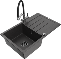 Mexen Bruno granitový kuchyňský dřez 1-komorový s odkapávačem a kuchyňskou baterií Duo, černý skvrnitý - 6513-76-671701-07-B