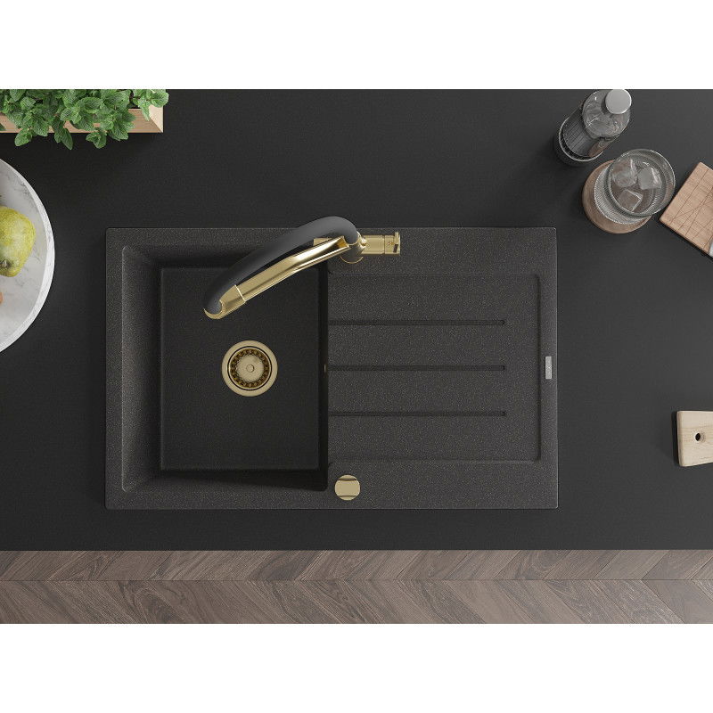 Mexen Bruno granitový dřez 1-komorový s odkapem a kuchyňskou baterií Duo, černý s tečkami - 6513-76-671701-57-G