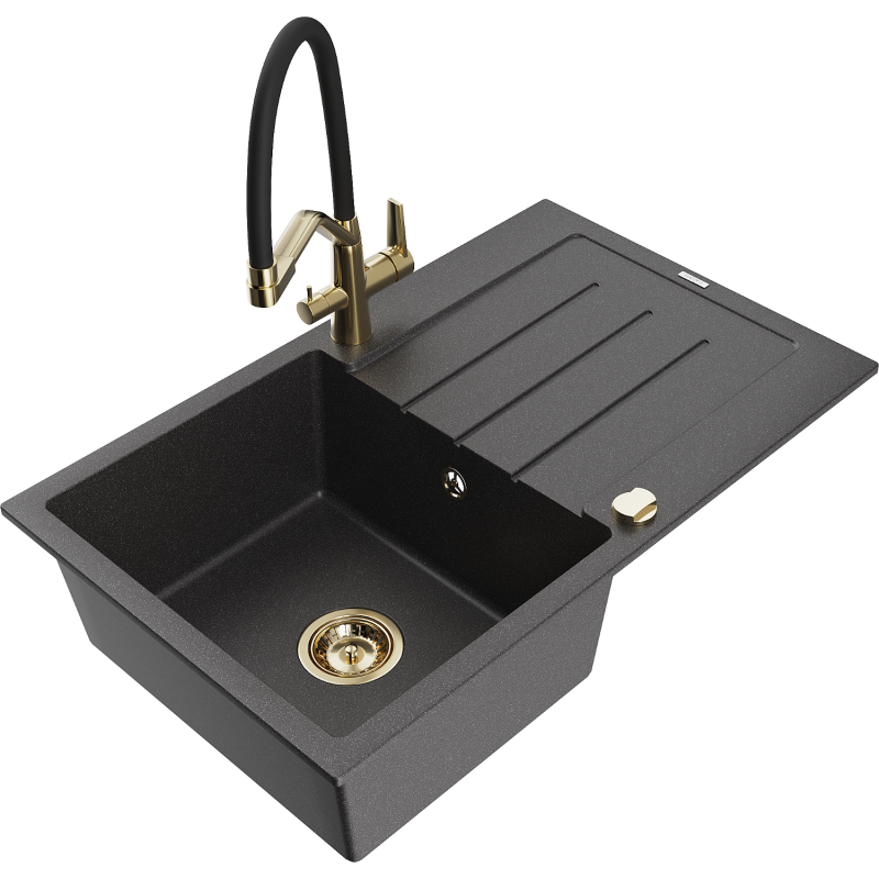 Mexen Bruno granitový dřez 1-komorový s odkapem a kuchyňskou baterií Duo, černý s tečkami - 6513-76-671701-57-G