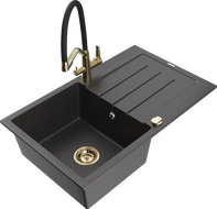 Mexen Bruno granitový dřez 1-komorový s odkapem a kuchyňskou baterií Duo, černý s tečkami - 6513-76-671701-57-G