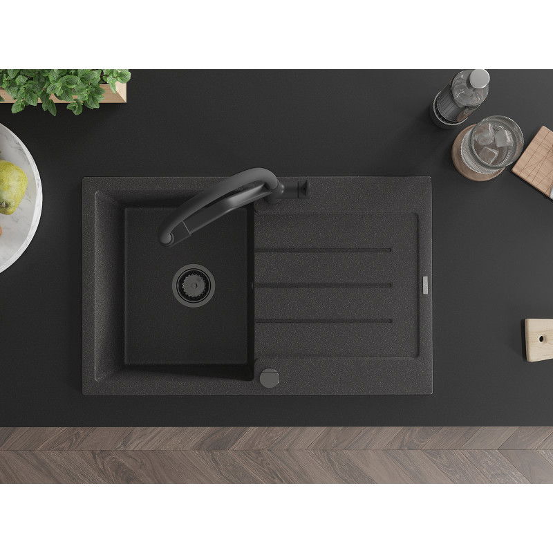Mexen Bruno granitový jednodřez s odkapávačem a kuchyňskou baterií Duo, černý tečkovaný - 6513-76-671701-70-B
