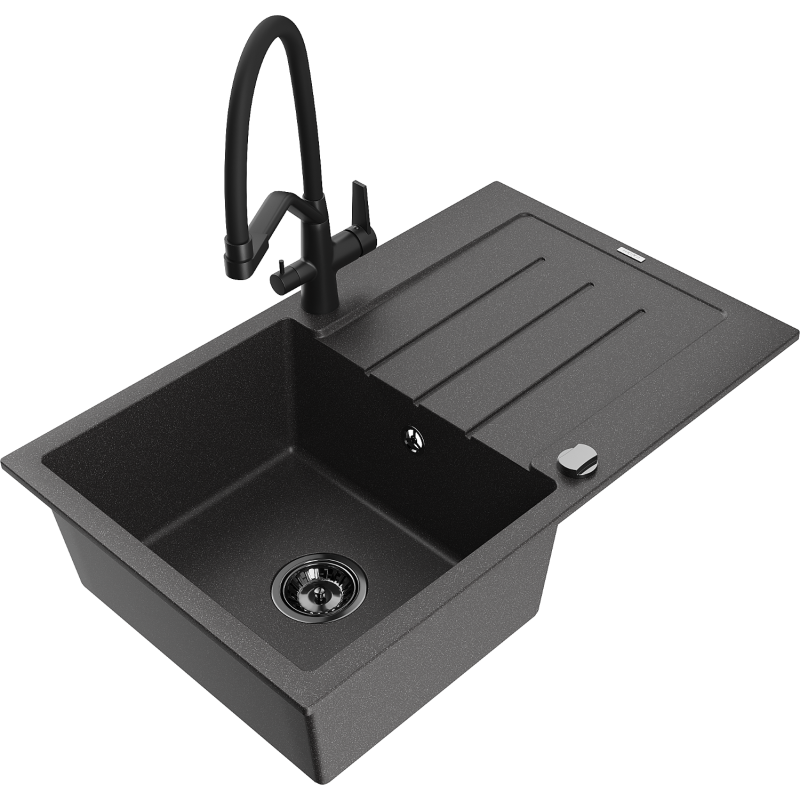 Mexen Bruno granitový jednodřez s odkapávačem a kuchyňskou baterií Duo, černý tečkovaný - 6513-76-671701-70-B