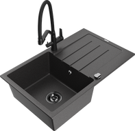 Mexen Bruno granitový jednodřez s odkapávačem a kuchyňskou baterií Duo, černý tečkovaný - 6513-76-671701-70-B