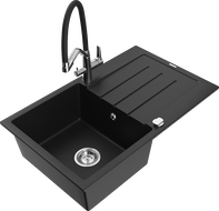 Mexen Bruno granitový dřez 1-komorový s odkapávačem a kuchyňskou baterií Duo, černý - 6513-77-671701-07